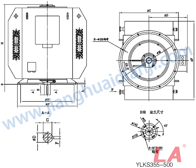 YLKS系列高壓立式三相異步電動(dòng)機外形及安裝尺寸圖(YLKS355-630 IP23 6KV) - 六安江淮電機有限公司