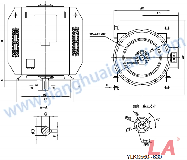 YLKS系列高壓立式三相異步電動(dòng)機外形及安裝尺寸圖(YLKS355-630 IP23 6KV) - 六安江淮電機有限公司